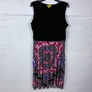 LIZ LANGE black V neck sleeveless pink floral multi print stretch midi dress XL
